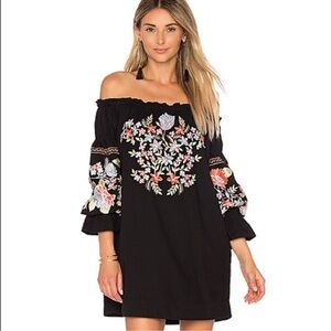 Free People Fleur Du Jour Embroidered Black Mini Off the Shoulder Dress